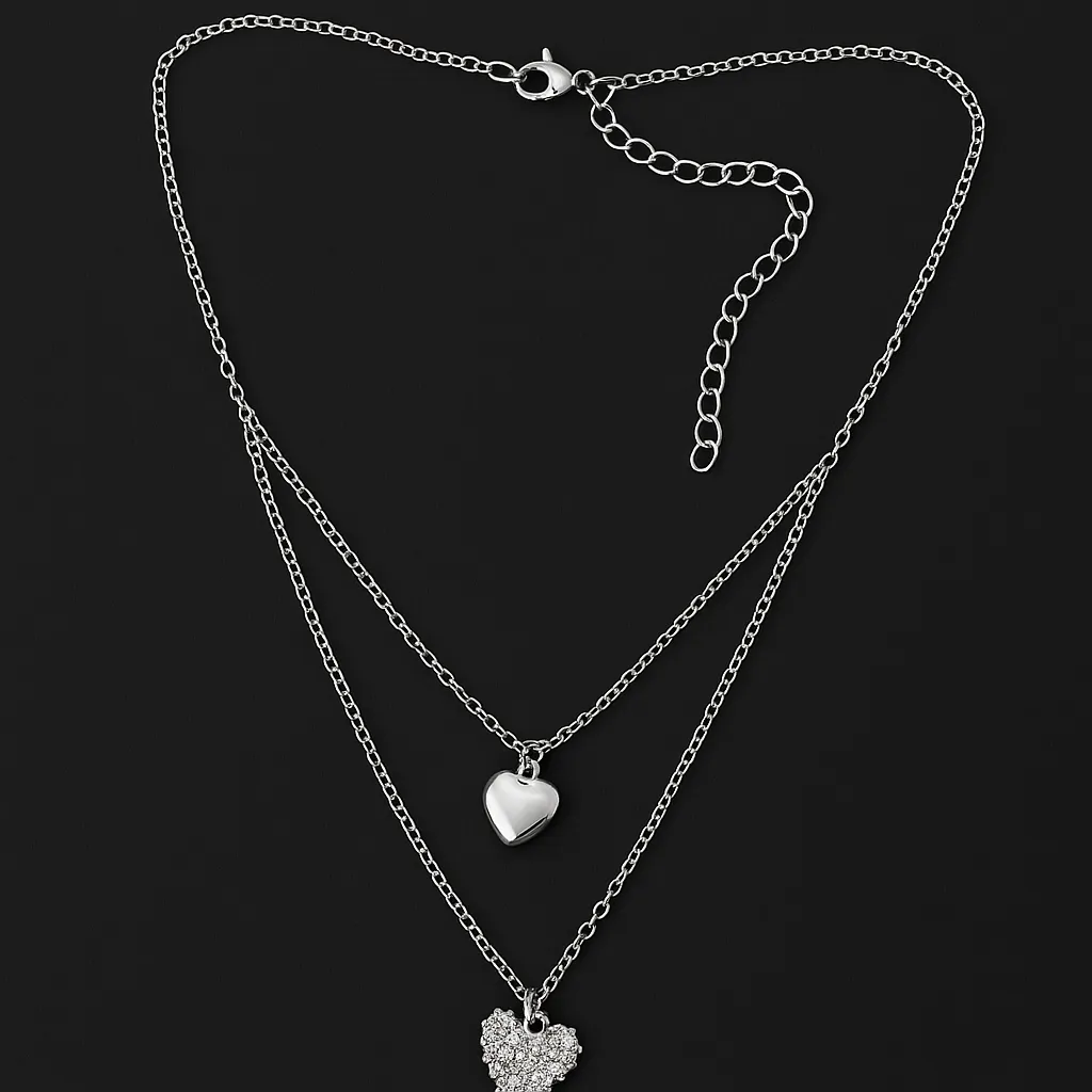 [KE57] Silver Double Layer Heart Pendant Necklace for Women
