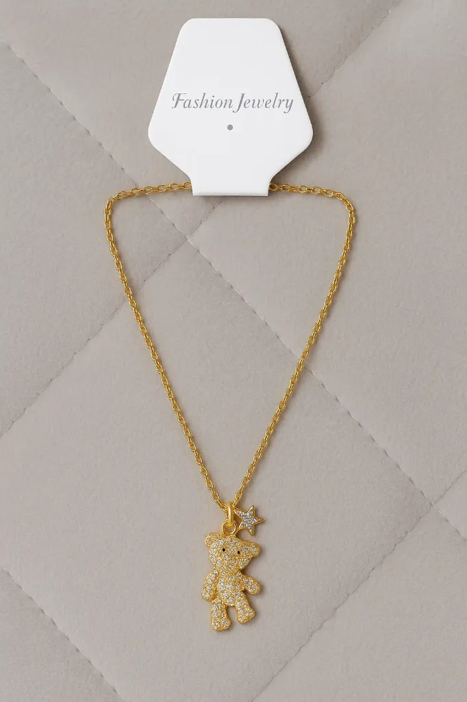 [KE58] Gold Teddy Bear Pendant Necklace for Women | Cute Crystal Charm Jewelry