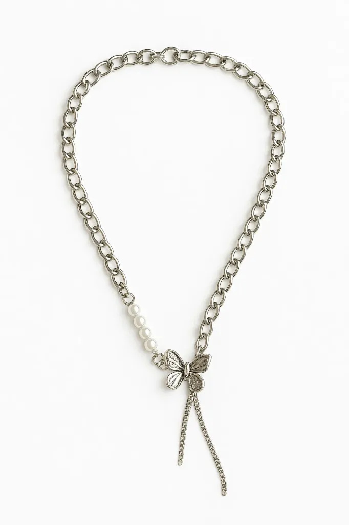 [KE60] Silver Butterfly Pendant Chain Necklace for Women | Chunky Pearl Accent Jewelry