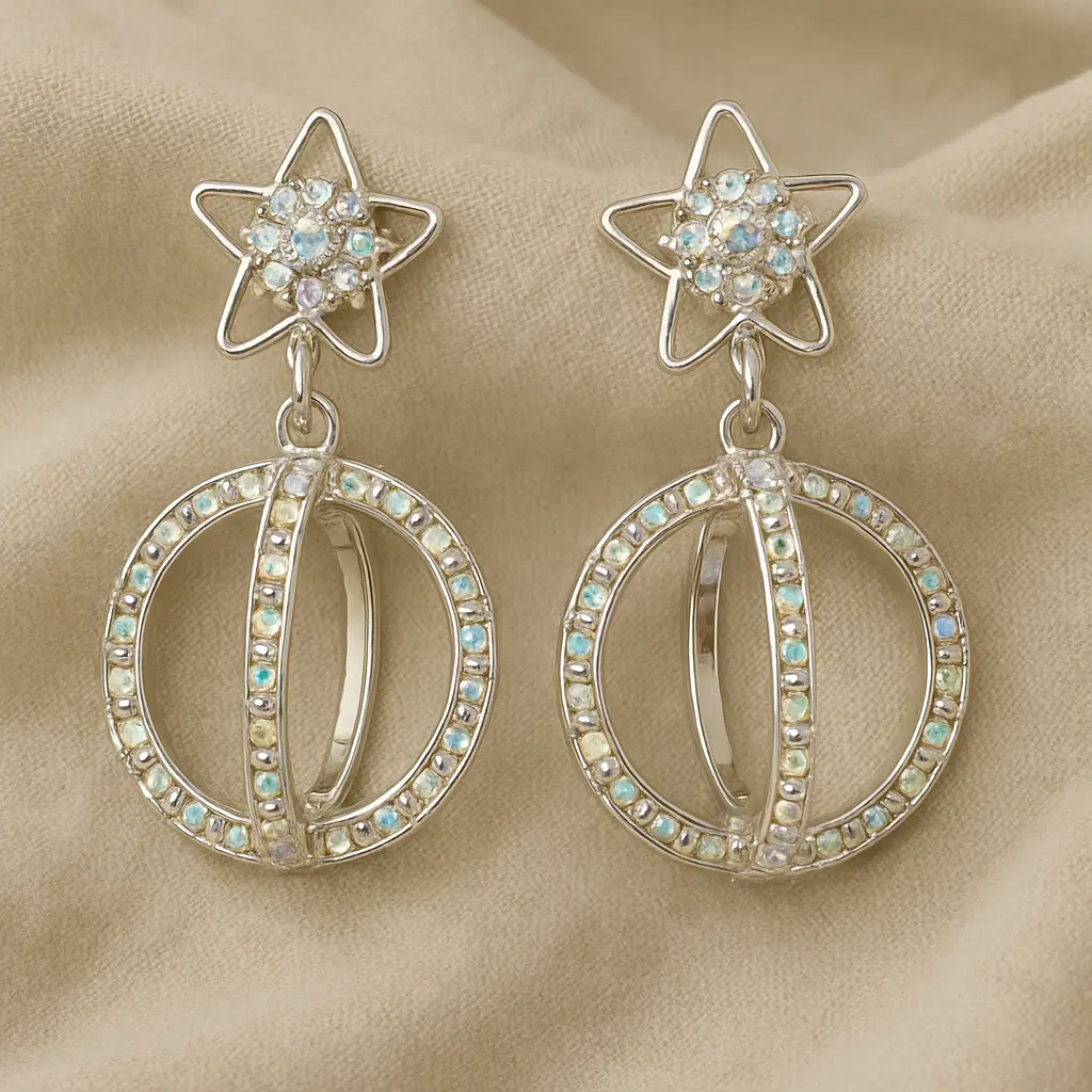 Silver Star Hoop Drop Earrings with Crystals