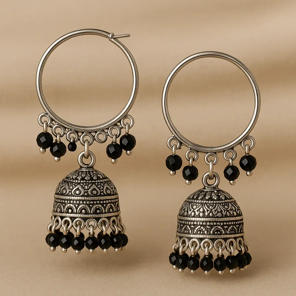 Oxidised Silver Hoop Jhumka Earrings with Black Beads