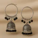 Oxidised Silver Hoop Jhumka Earrings with Black Beads