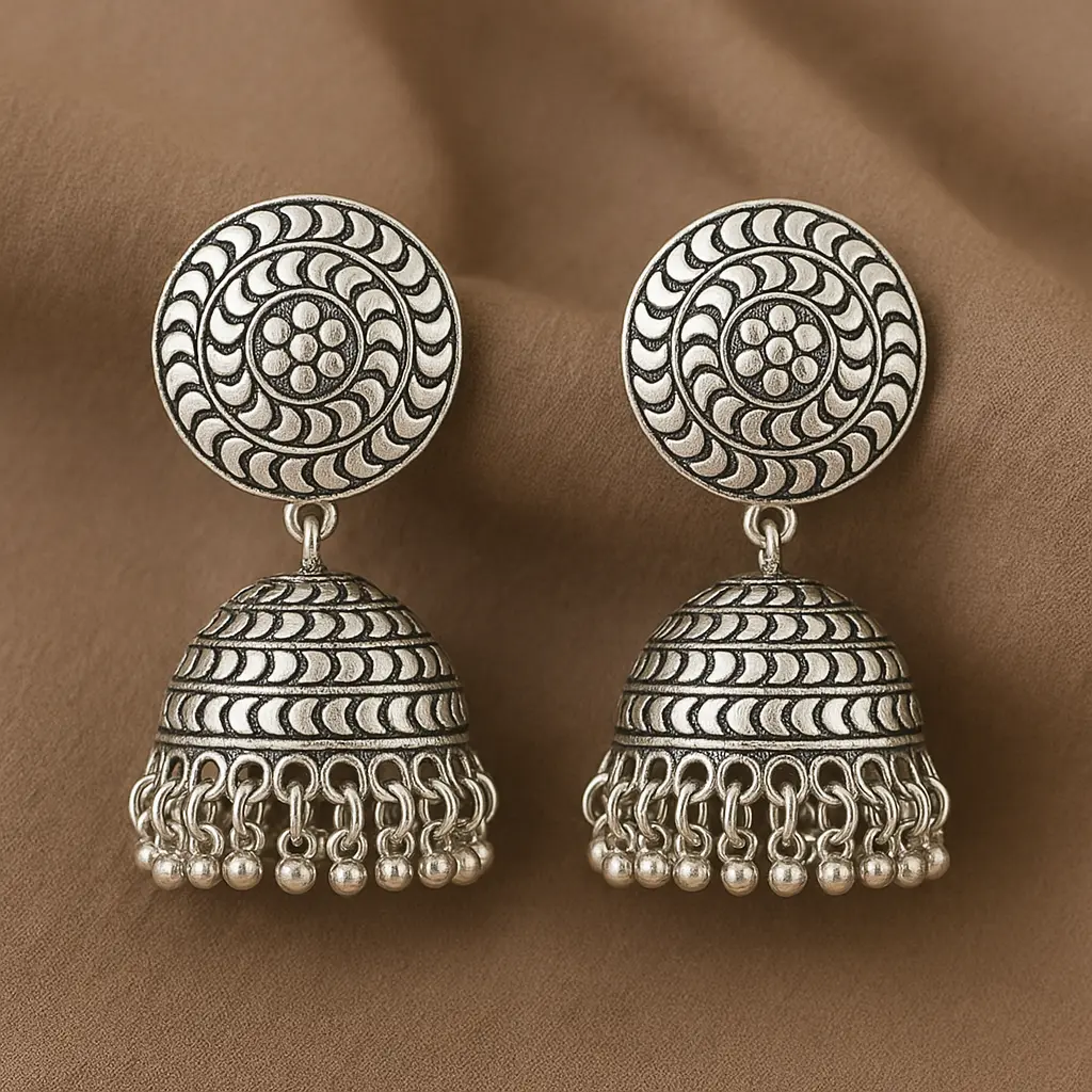 Oxidised Silver Dome Jhumka Earrings with Spiral Design