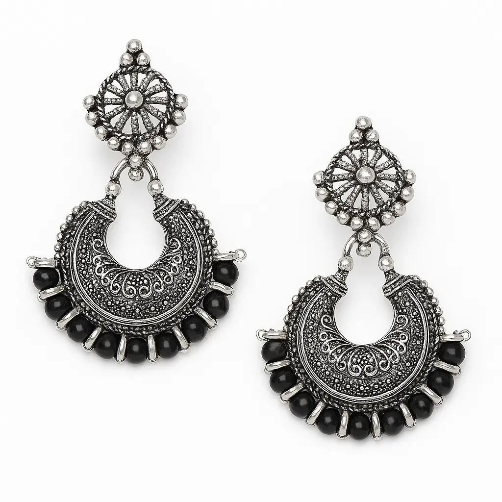 Oxidised Silver Afghani Chandbali Earrings with Black Beads