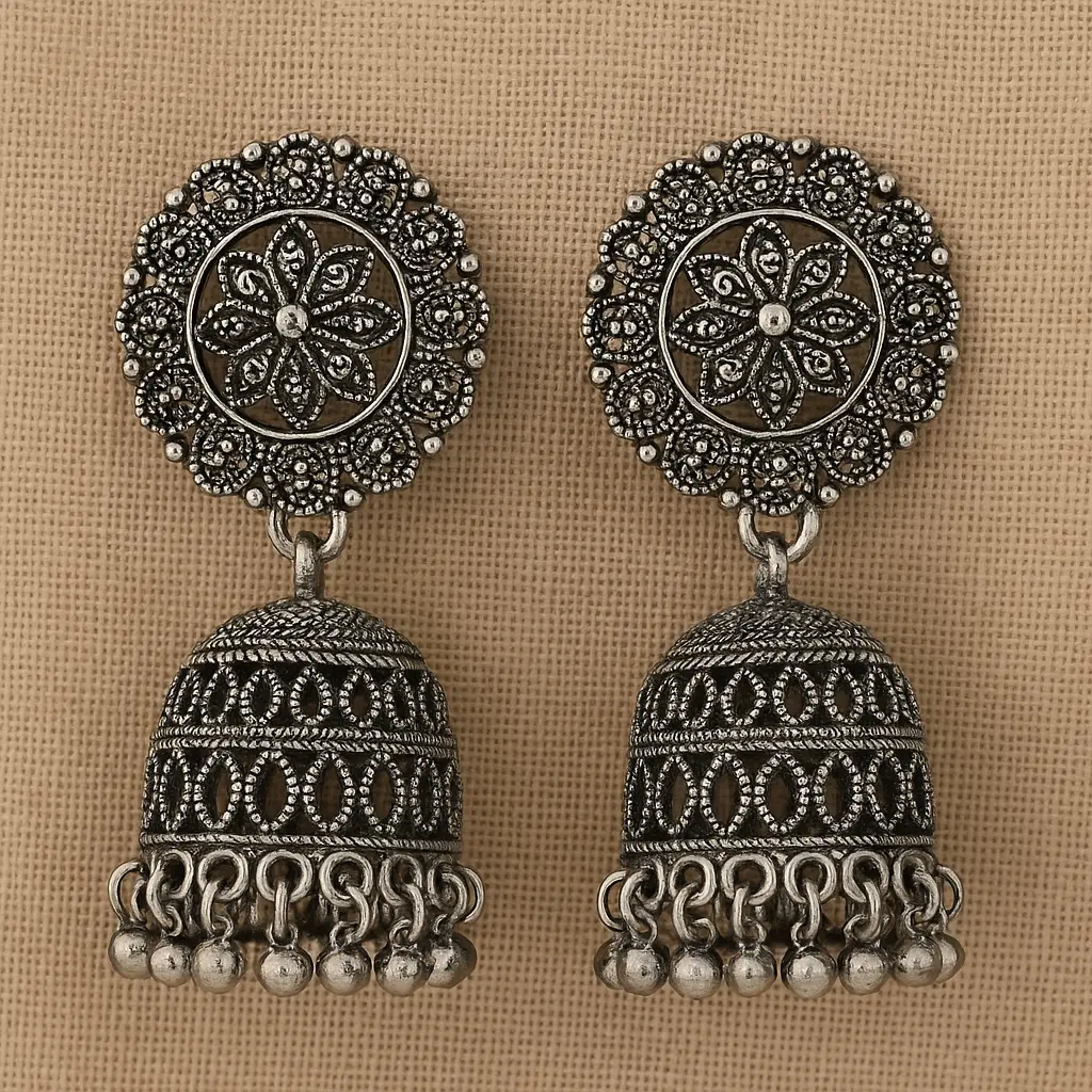 Oxidised Silver Antique Round Top Jhumka Earrings
