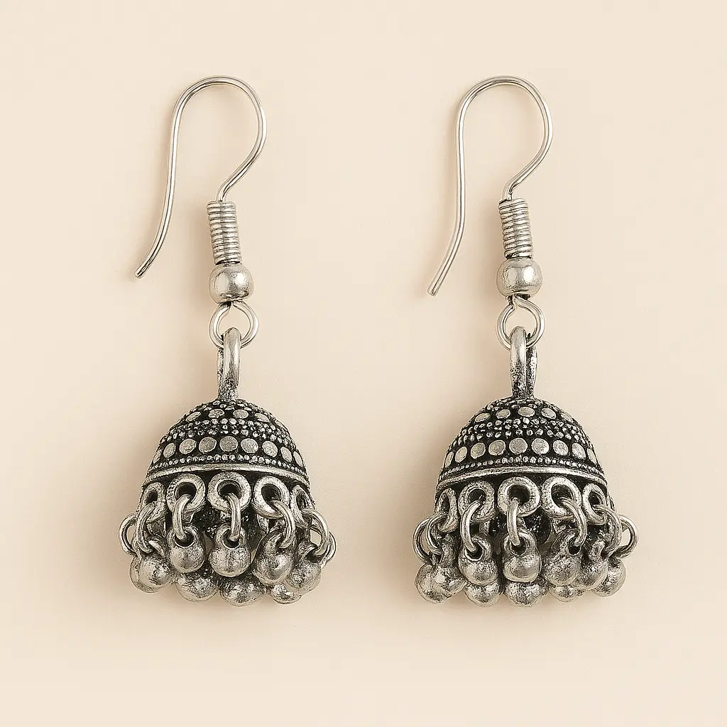 [SKU45] Small Oxidised Silver Jhumka Earrings with Hook for Daily Wear