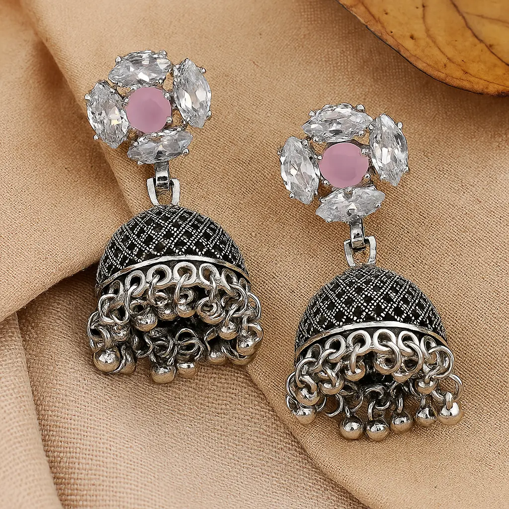 Oxidised Silver Jhumka Earrings with Pink Stone and Crystal Studs