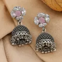 Oxidised Silver Jhumka Earrings with Pink Stone and Crystal Studs