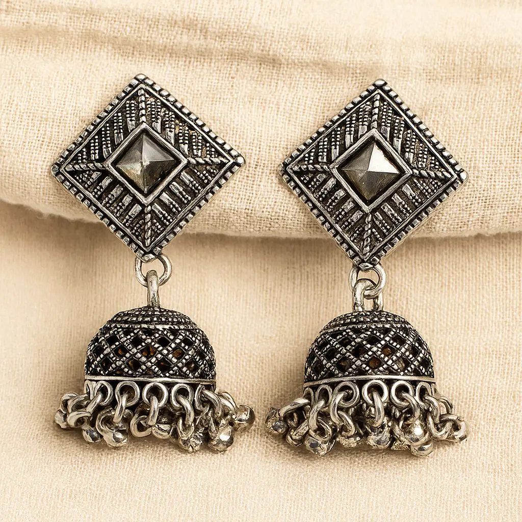 Oxidised Black Stone Jhumka Earrings with Geometric Square Stud