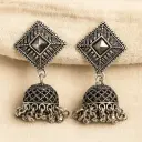 Oxidised Black Stone Jhumka Earrings with Geometric Square Stud