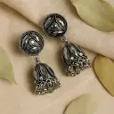 Oxidised Silver Mirror-Cut Stone Jhumka Earrings with Geometric Stud 
