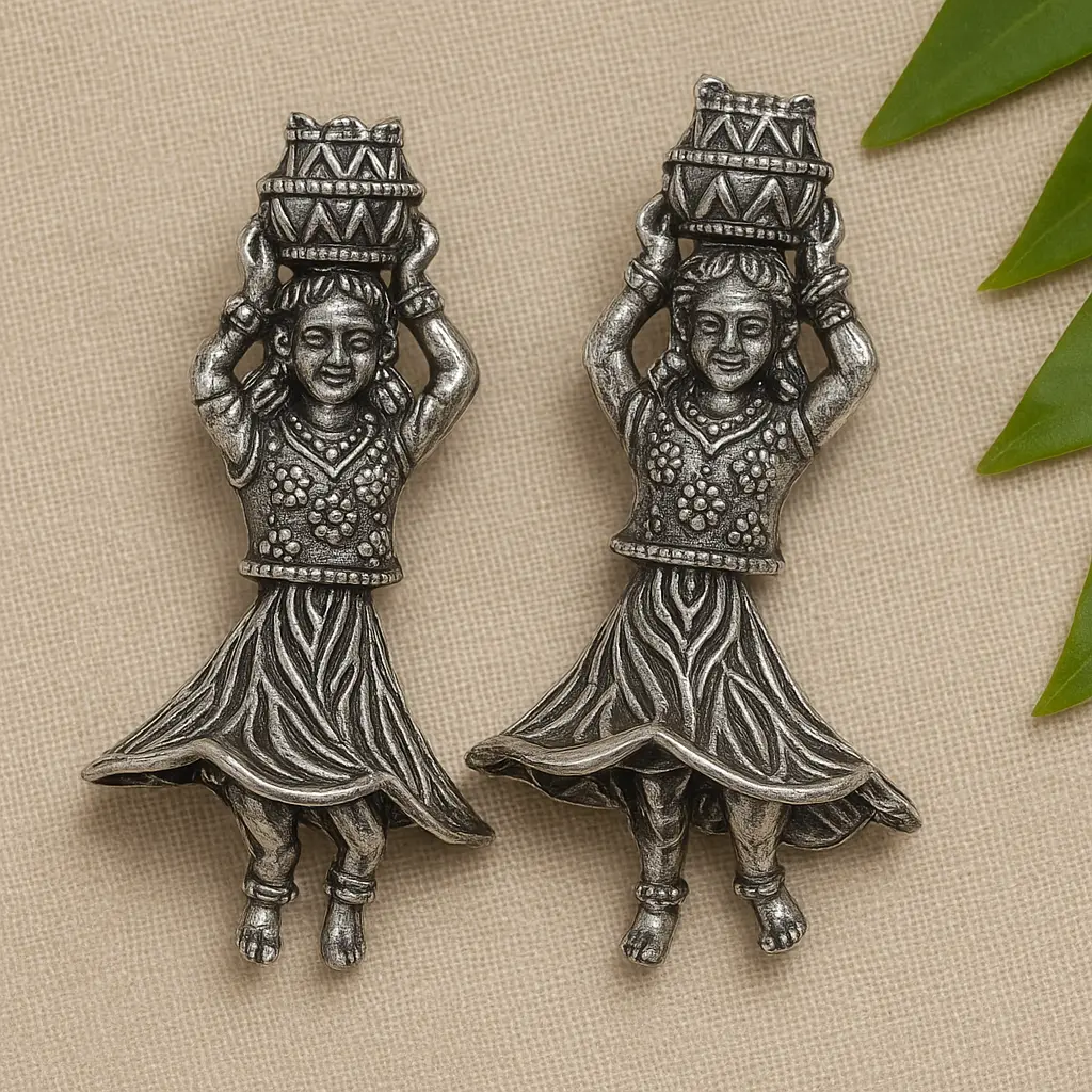 Oxidised Silver Tribal Woman Figurine Earrings – Folk Art Inspired