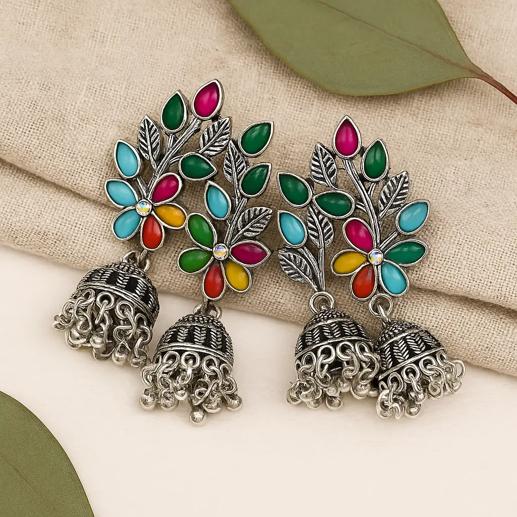 Oxidised Silver Multicolor Floral Jhumka Earrings with Enamel Work