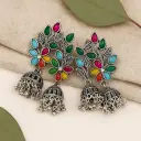 Oxidised Silver Multicolor Floral Jhumka Earrings with Enamel Work