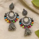Oxidised Silver Chandbali Earrings with Multicolor Beads & Mirror Work