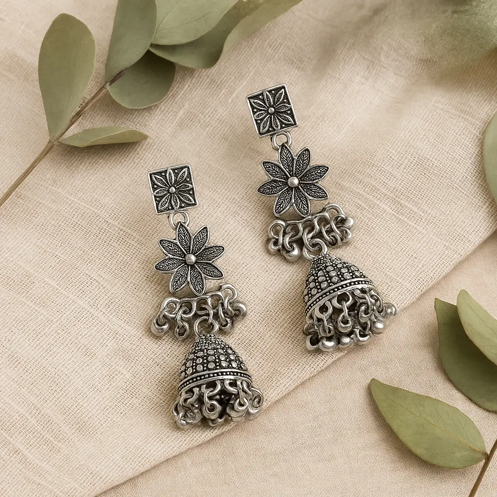 Oxidised Silver Floral Jhumka Earrings with Dome and Square Stud