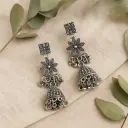 Oxidised Silver Floral Jhumka Earrings with Dome and Square Stud