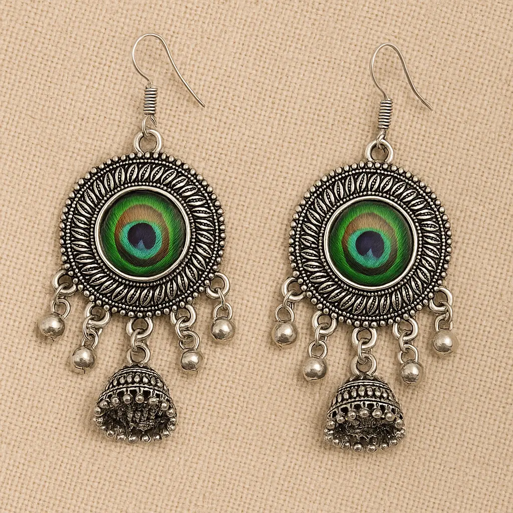 [SKU37] Oxidised Silver Peacock Feather Jhumka Earrings with Hook