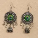 Oxidised Silver Peacock Feather Jhumka Earrings with Hook
