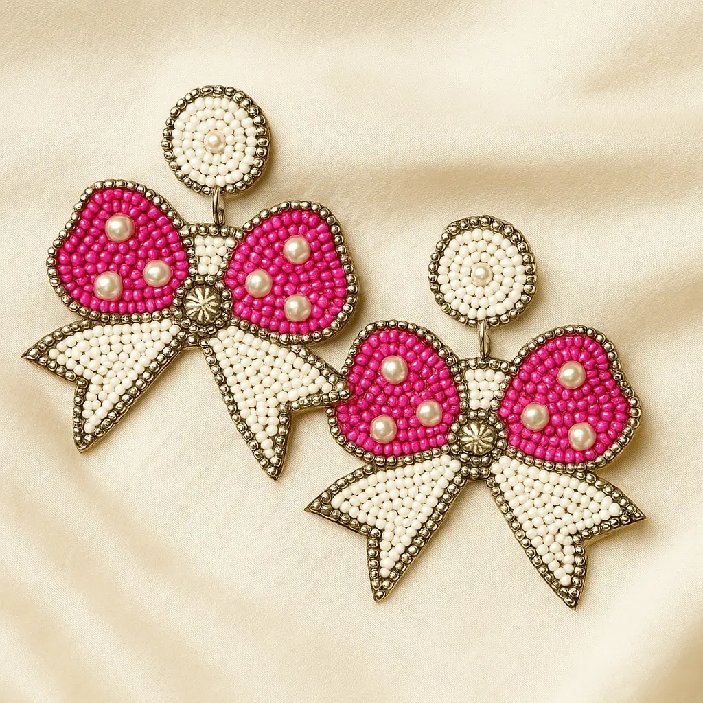 Pearl Beaded Bow Statement Earrings – Pink & White