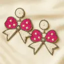 Pearl Beaded Bow Statement Earrings – Pink & White