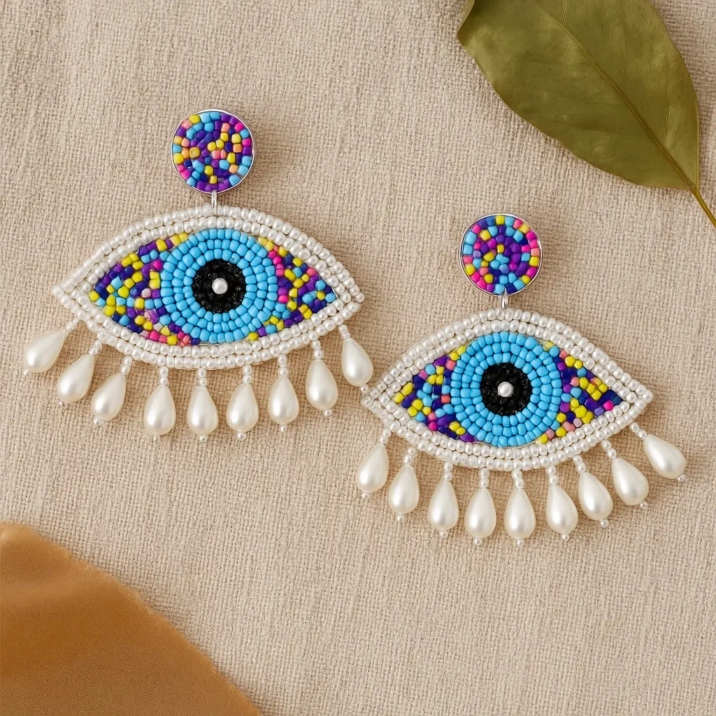 Evil Eye Beaded Statement Earrings—Pearl Drop Edition