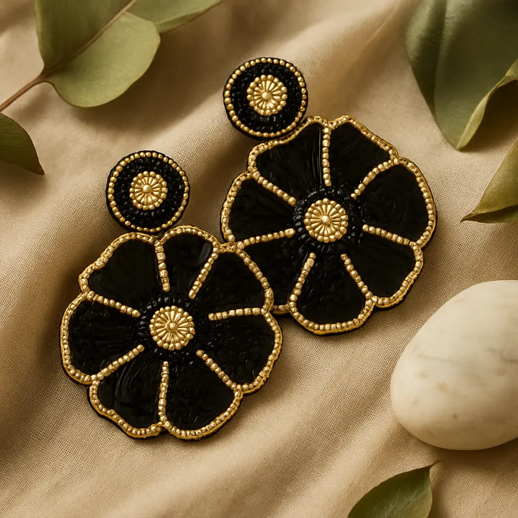 [HM5] Midnight Bloom Beaded Floral Earring – Black & Gold Edition