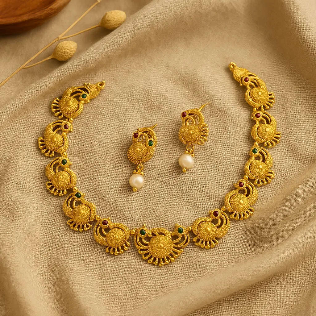 [HM10] Peacock Grace Antique Set – Gold-Tone Necklace & Earrings Combo 