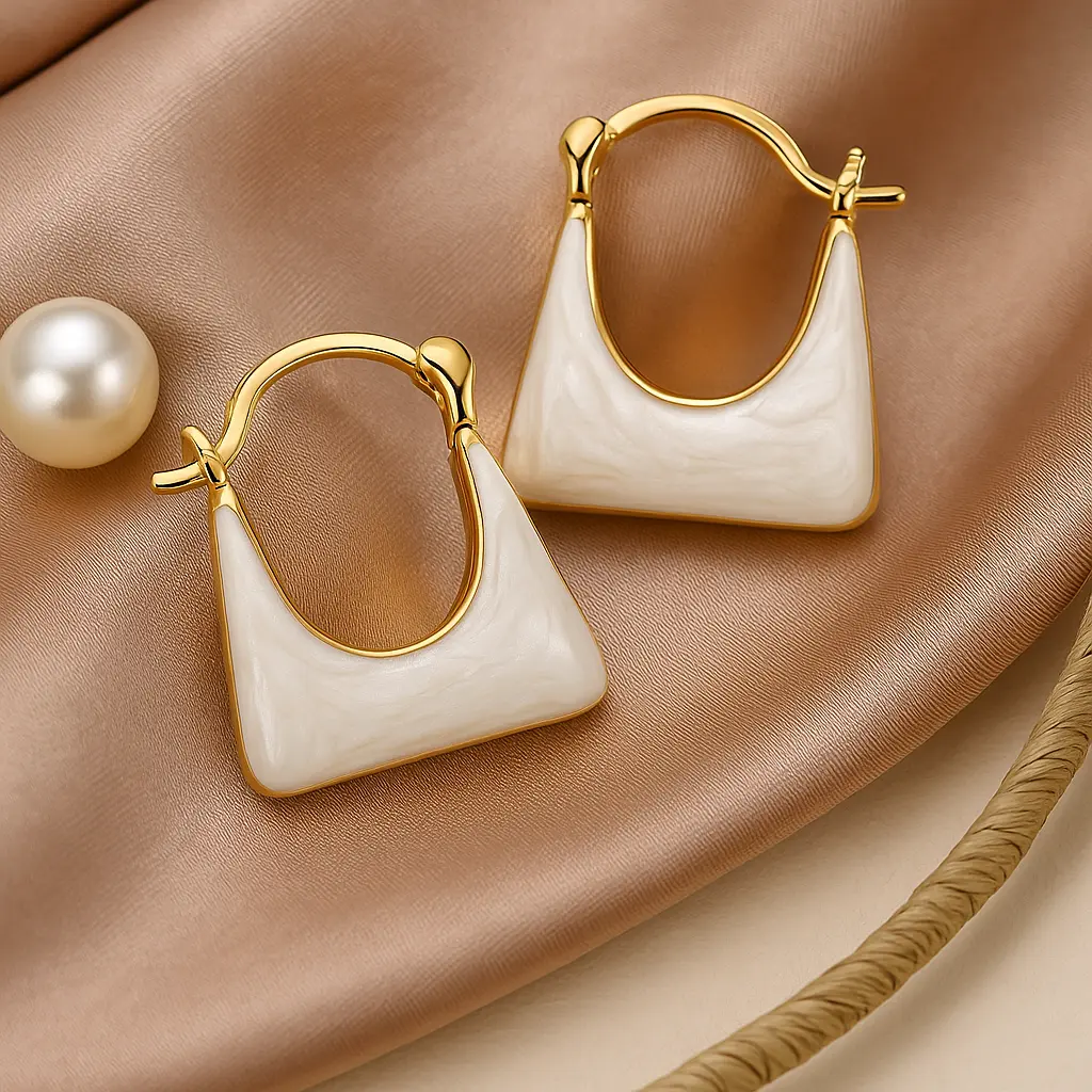 Ivory Gloss Handbag Hoop Earrings | Korean Style Gold Enamel Statement Dailywear 
