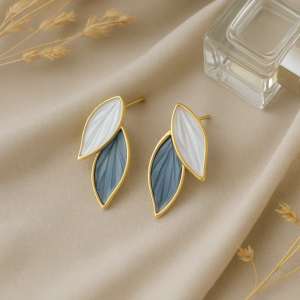Dual-Tone Leaf Earrings | Korean Embossed Enamel Studs