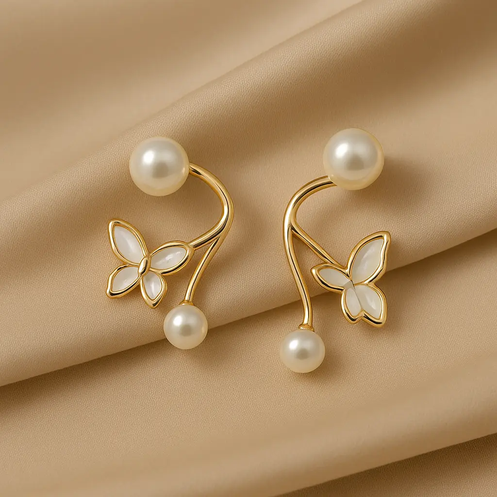 Pearl Bloom Butterfly Earrings—Korean Minimal Gold Statement Studs