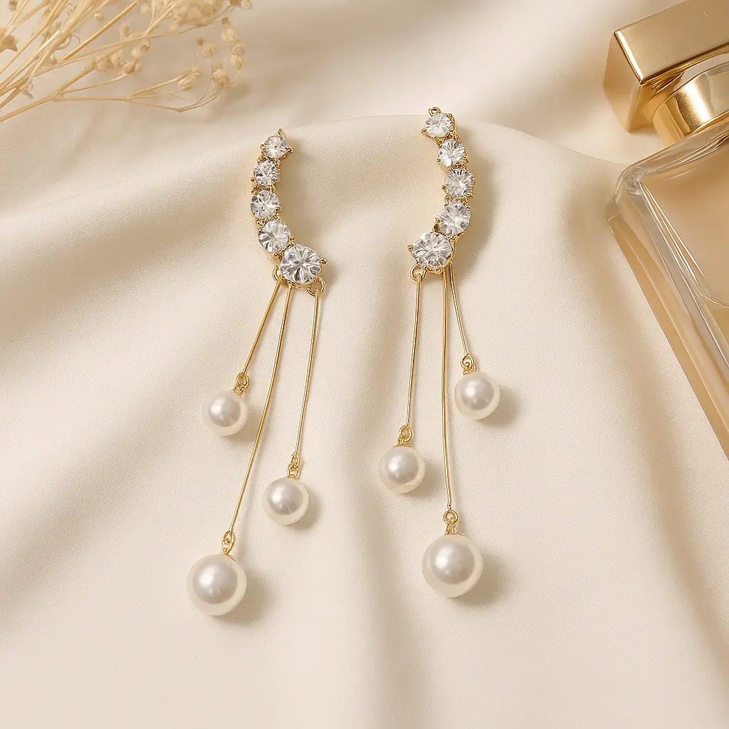 [KE6] Dazzling Gold Waterfall Drop Ear Cuff Set with Faux Pearls