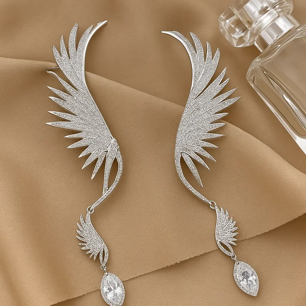 [KE7] Pave Zirconia Full Ear Cuff with Marquise Drop - Sterling Silver Finish