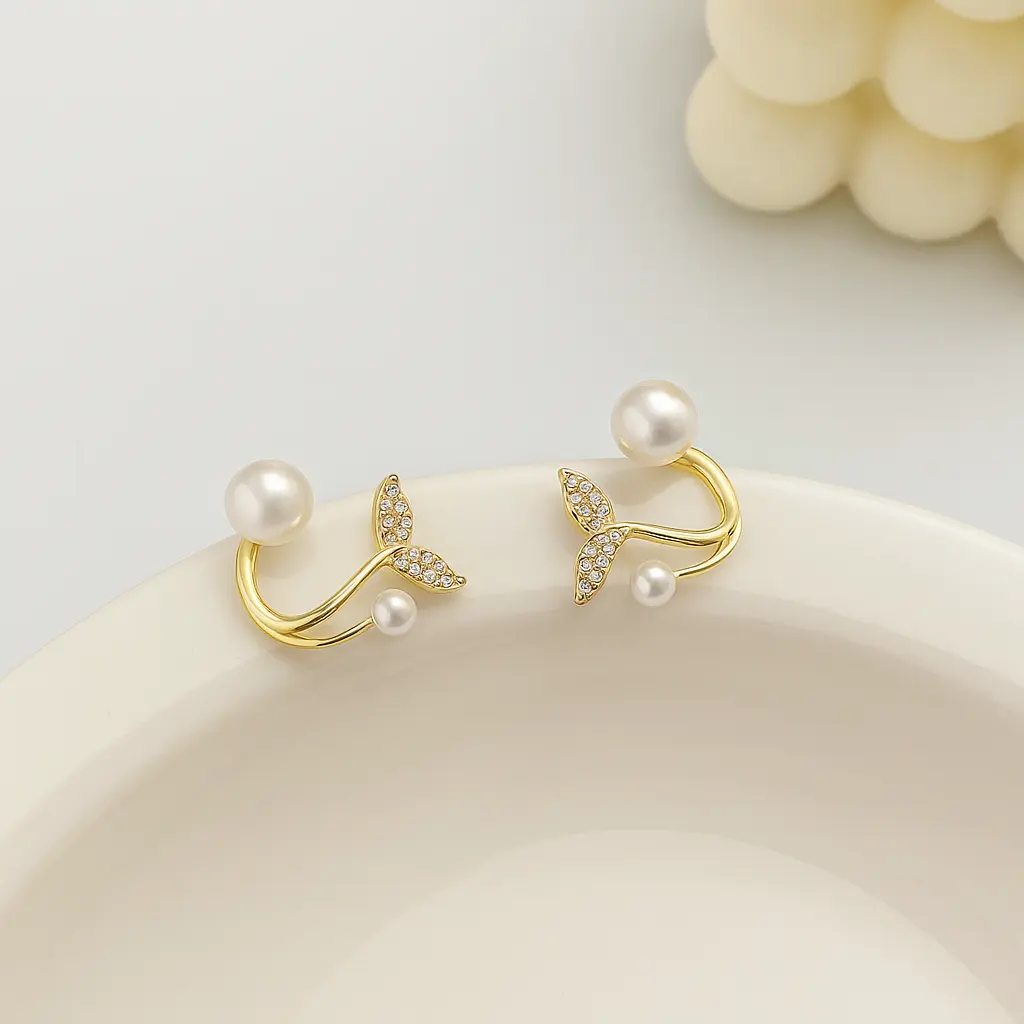 [KE8] Minimalist Pearl Back Earrings with Pave CZ Dolphin Tail Accent