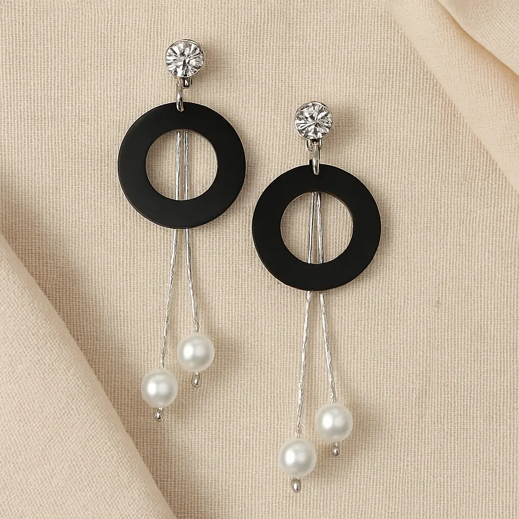 Black Hoop Pearl Drop Dangle Earrings