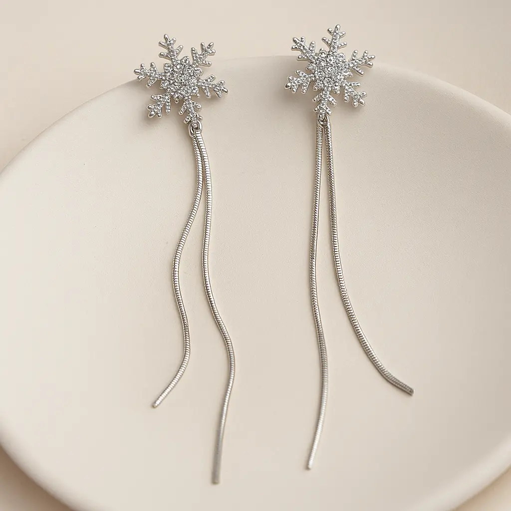 [KE11] Dazzling Pave Snowflake Dangle Earrings with Long Snake Chain Tassels