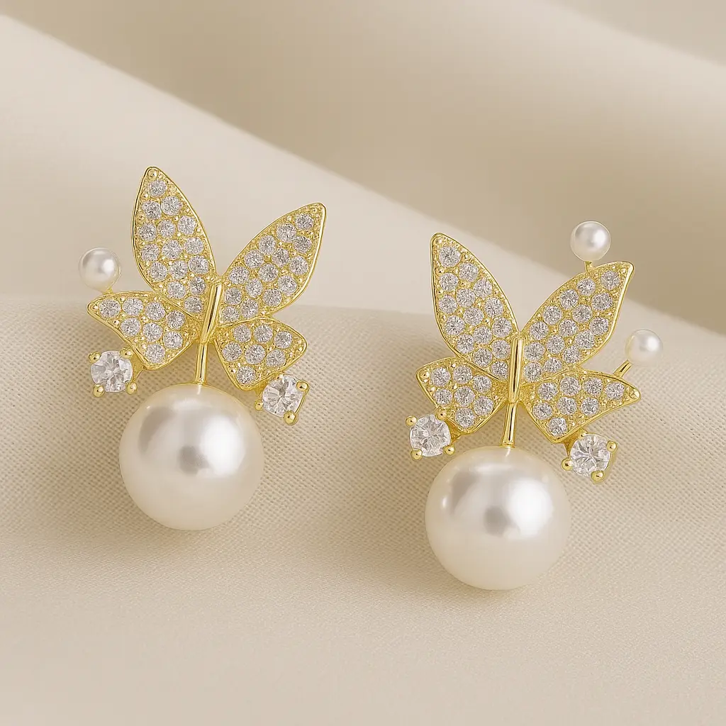 [KE10] Dazzling Pave Butterfly & Oversized Pearl Drop Earrings 