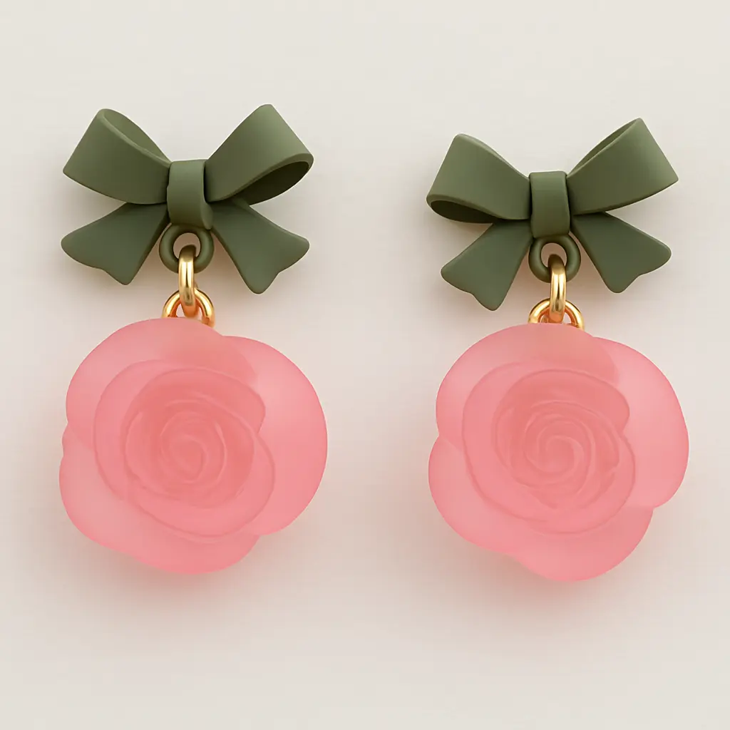 [KE12] Acrylic Resin Flower & Ribbon Dangle Earrings - Soft Pink and Green