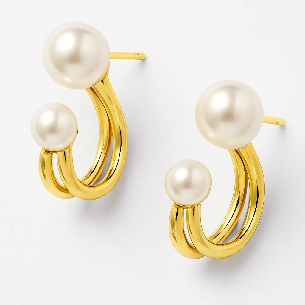 [KE15] Sculptural Gold-Plated U-Shape Pearl Earrings - Minimalist Chic