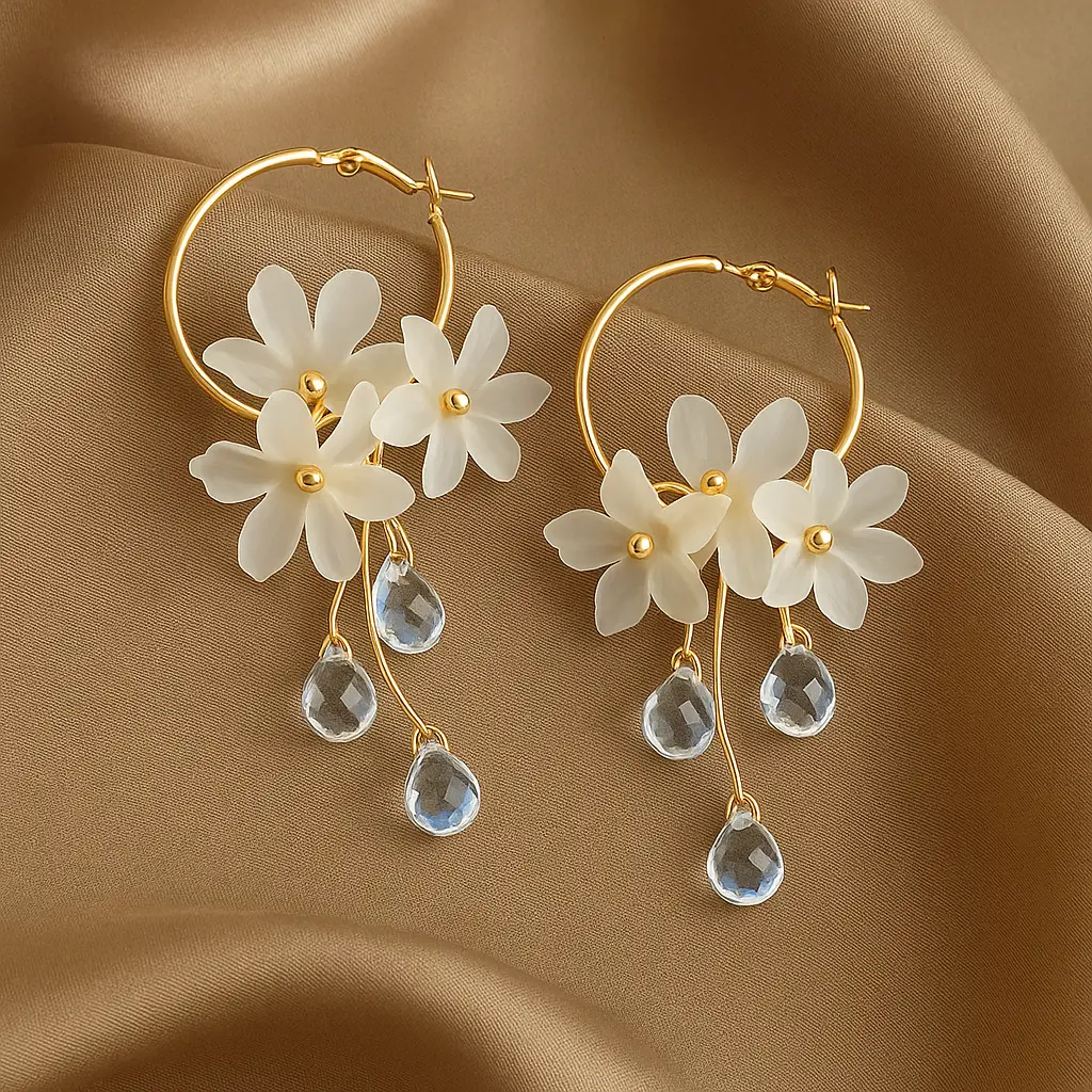 [KE16] Delicate Frosted Flower Hoop Earrings with Crystal Teardrop Dangles