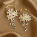 Delicate Frosted Flower Hoop Earrings with Crystal Teardrop Dangles