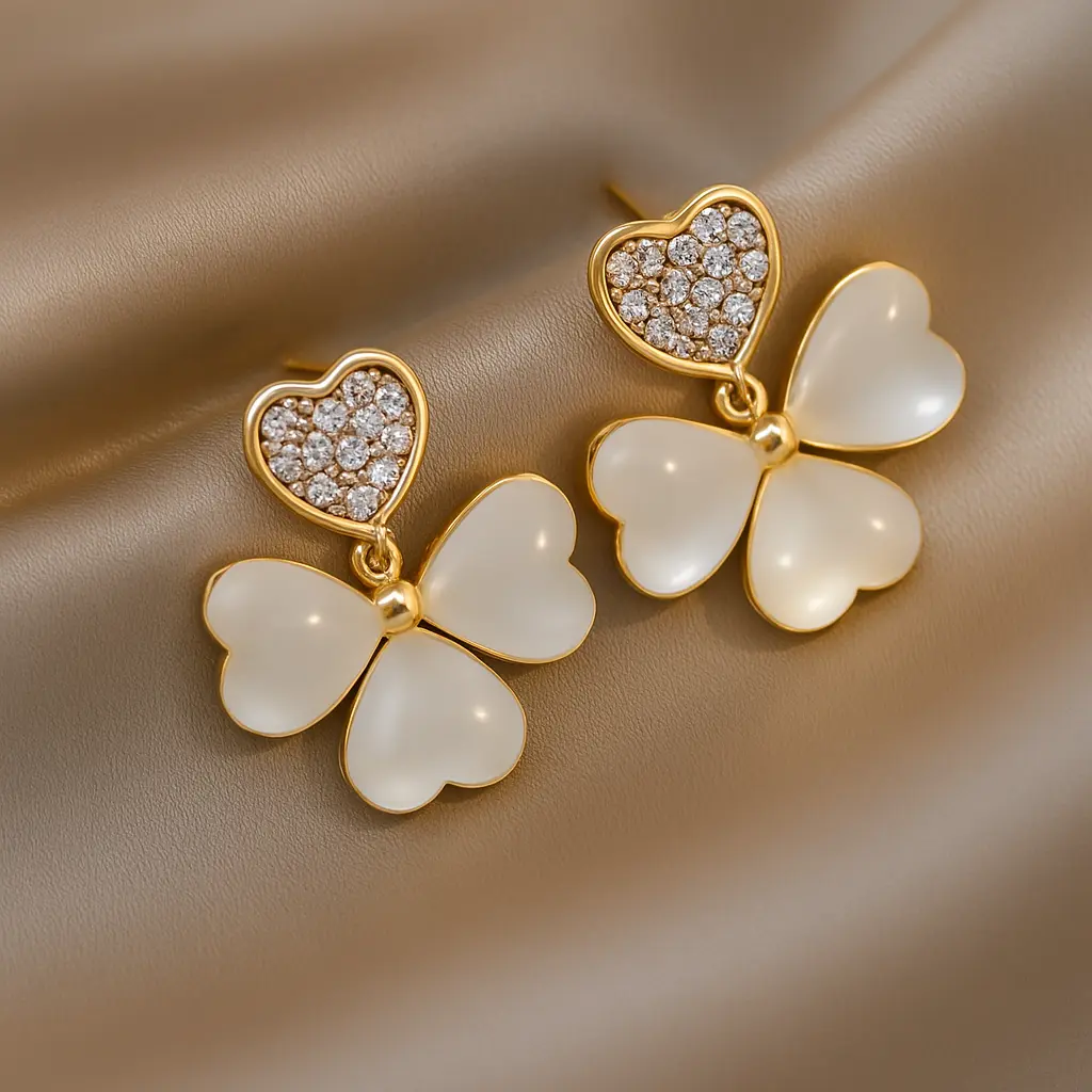 [KE18] Lucky Clover Drop Earrings with Pave Heart Stud - Mother of Pearl