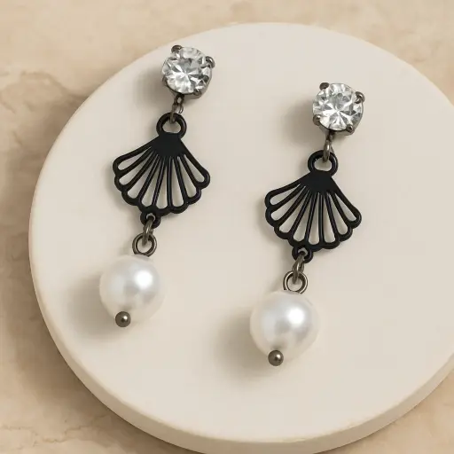 Black Shell Pearl Drop Earrings for Women 