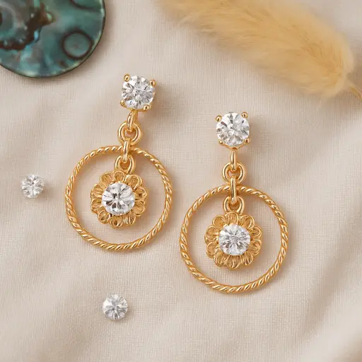 Gold Floral Hoop Drop Earrings for Women