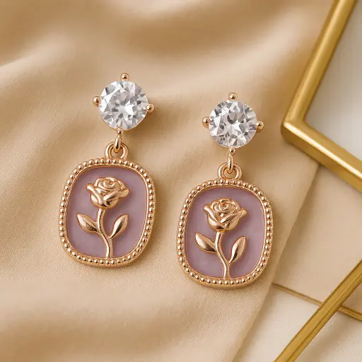Rose Bloom Lilac Drop Earrings | Rose Gold & Crystal Studs 