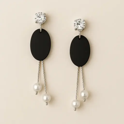 [SKU11] Minimalist Black and Pearl Drop Earring | Modern Western Dangler