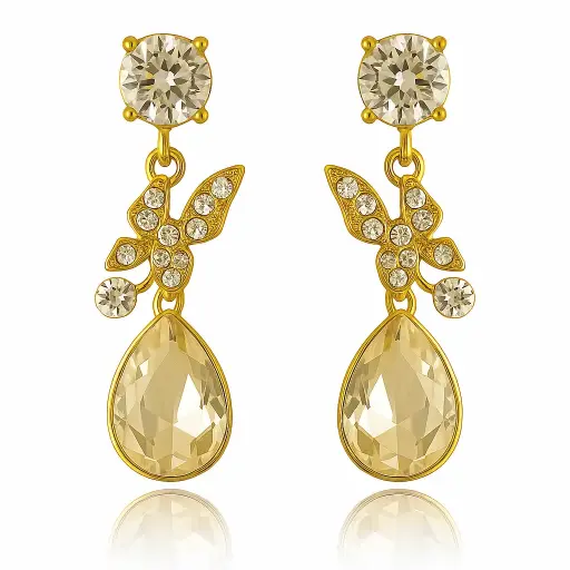 [SKU17] Gold Plated Butterfly Drop Earrings with White Stone