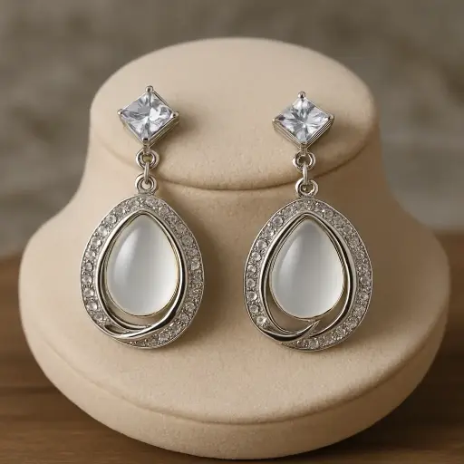 [SKU18] Silver-Plated Teardrop Dangler Earrings with White Stone