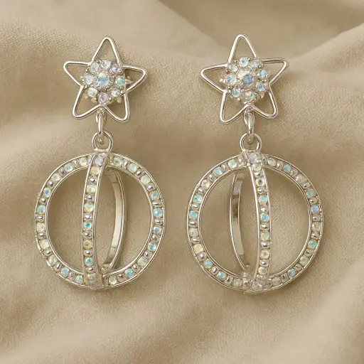 [SKU20] Silver Star Hoop Drop Earrings with Crystals