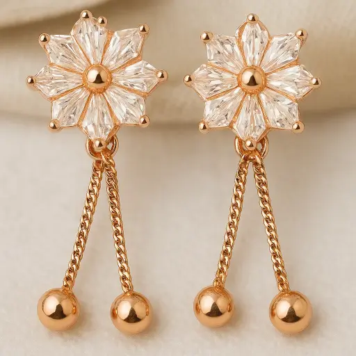 [SKU22] Rose Gold Floral Drop Earrings – Dual Chain Dangler